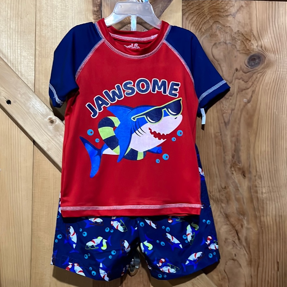 NWOT 12 months Quad Seven 2 Pc swimsuit set swim shirt and swim trunks